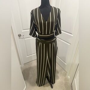 Striped V-Neck Top and Wide-Leg Pants Set